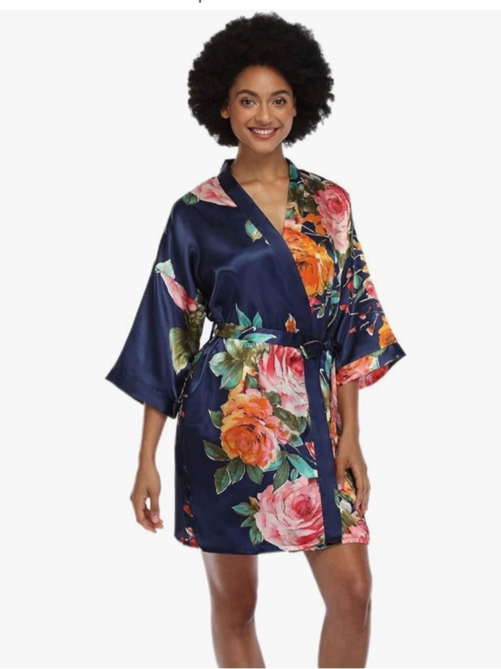 Satin Floral Kimono Robe - Navy with Pink & Orange Flowers